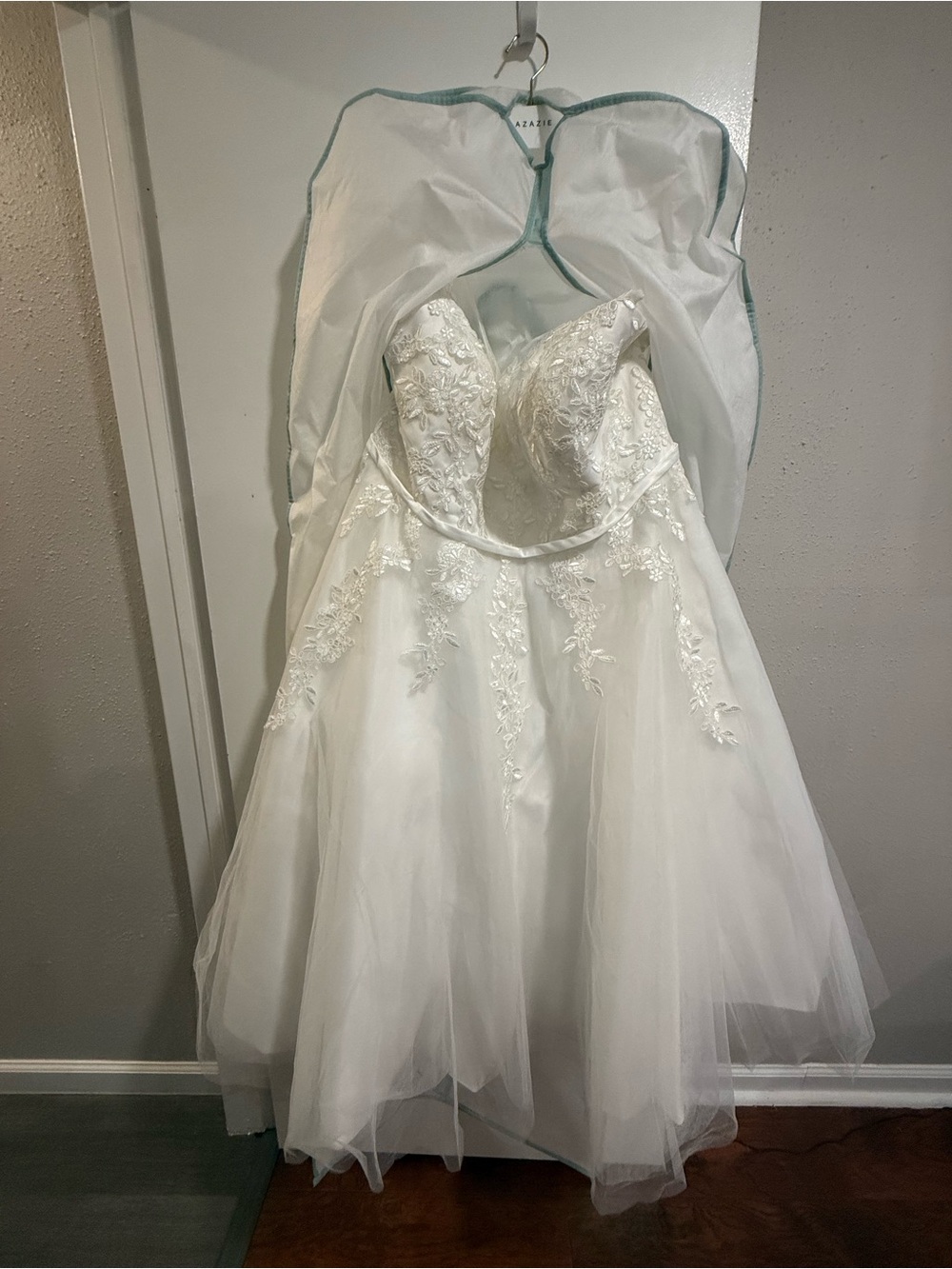 Azazie White Tulle Strap Midi Length Lace Tulle Wedding Dress